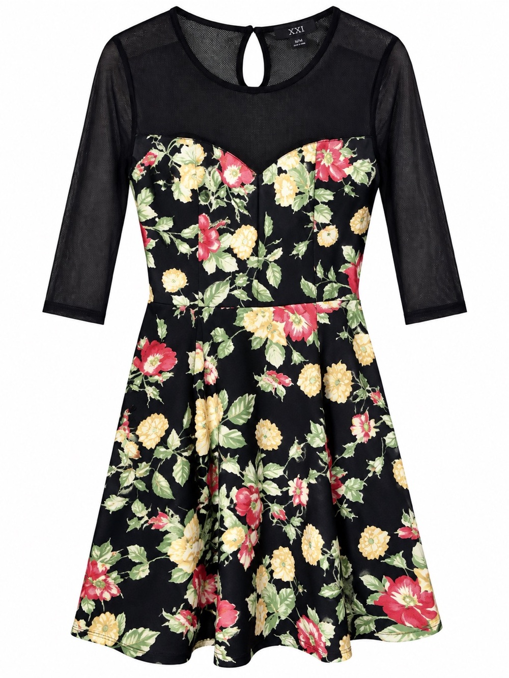 XXI Medium Black Floral Mesh Fit & Flare Dress 3/4 Sleeve